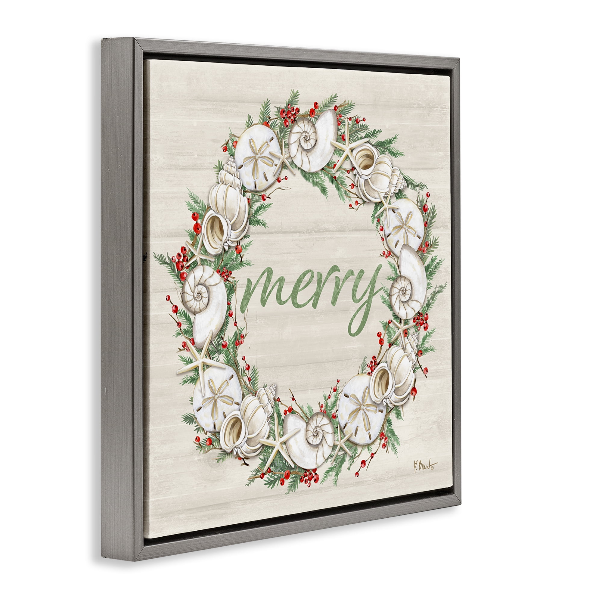 Stupell Industries Shells & Festive Holly Holiday Painting Gray Floater Framed Canvas Art Print Wall Art, 25 x 25