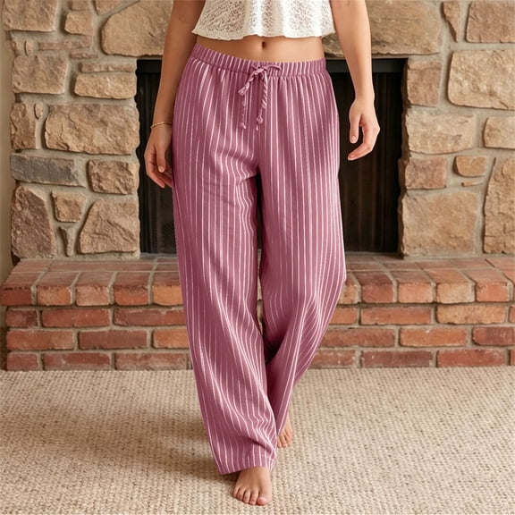 Dwellite Linen Pants Womens Wide Leg Casual Drawstring Palazzo Striped Pants Summer Loose Beach Travel Vacation Pants with Pockets Pink M