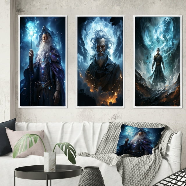 Designart "Powerful Wizard Magic s Mastery" Superheros Framed Wall Art Set Of 3 - Blue Superheros Frame Gallery Set For Office Decor