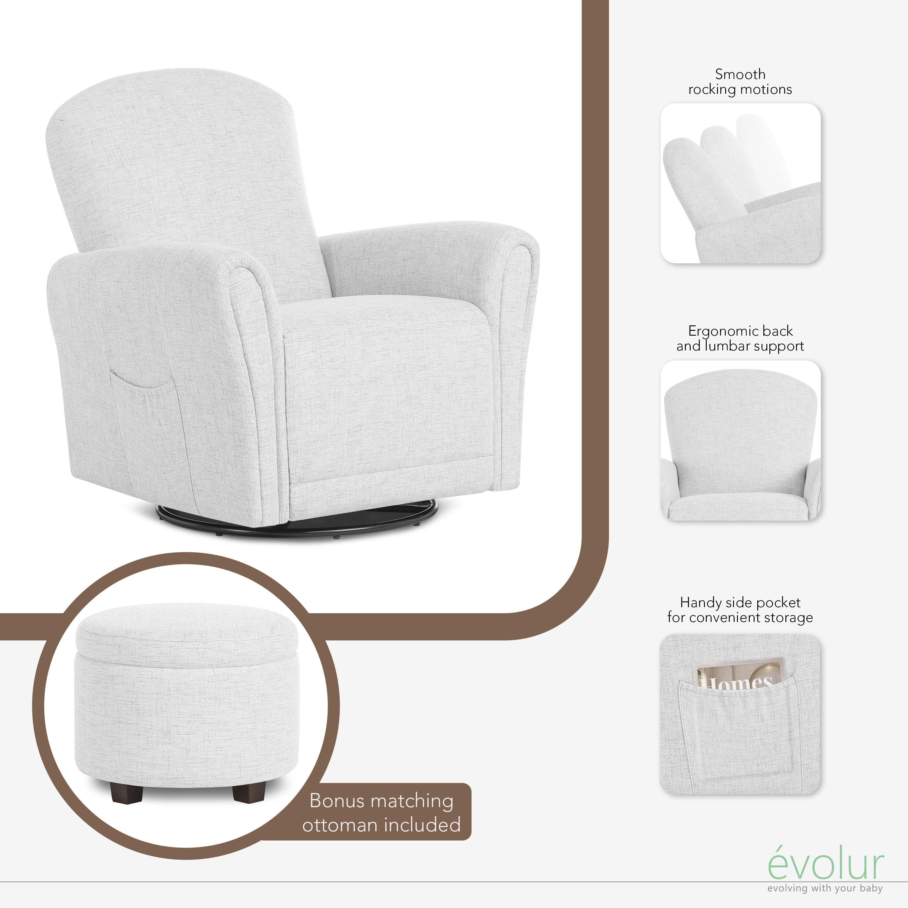 Evolur Vienna Swivel Glider with Ottoman, Greenguard Gold Certified, Made from Sturdy and Sustainable FSC-Certified Wood, Fog