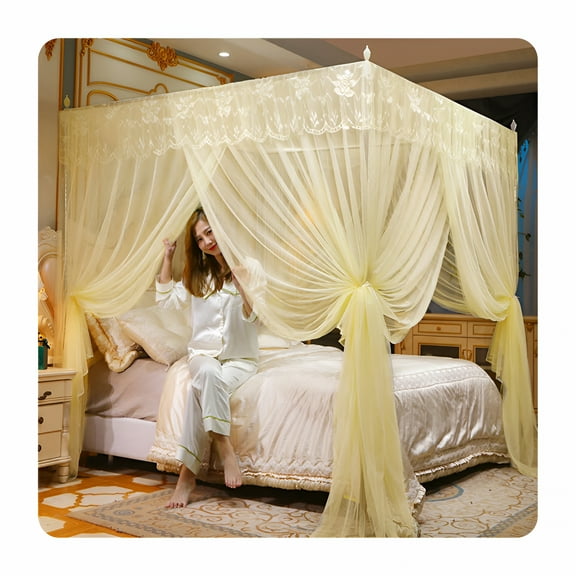 AUQ 4 Corners Post Ruffle Canopy Bed Curtains for Girls Kids Adults - Cute Cozy Drape Square Netting - 3 Opening Mesh Net Canopy - Princess Bedroom Decoration