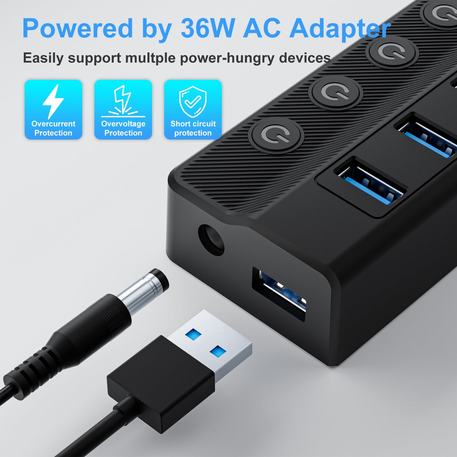 Powered USB Hub 3.0, 10-Port USB Splitter Hub (7 Faster Data Transfer Ports+ 3 Smart Charging Ports) with Individual LED On/Off Switches and 12V/3A Power Adapter USB Extension for Mac, PC and More