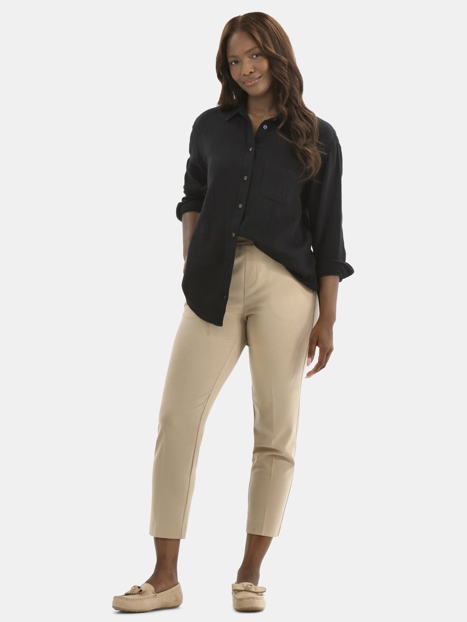 Time and Tru Women's Double Cloth Cotton Shirt with Long Sleeves, Sizes XS-XXXL