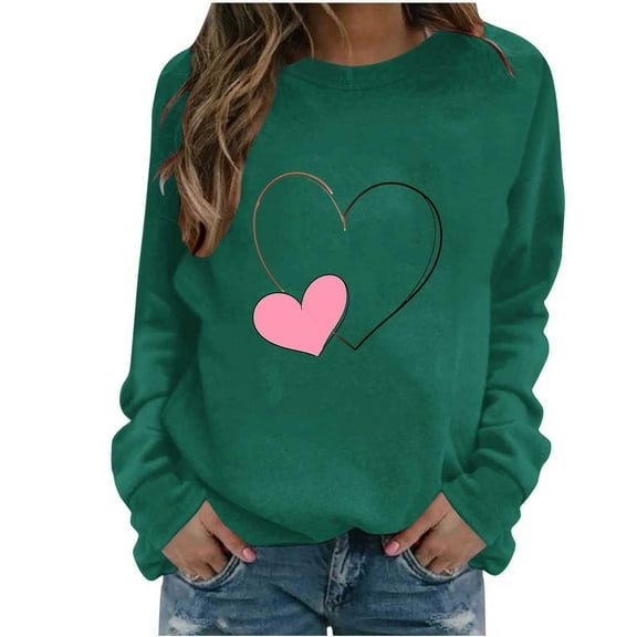 Valentines Sweatshirt Women Cute Long Sleeve Heart Print Shirts Loose Fitted Crewneck Tee Tops Holiday Casual Drop Shoulder Trendy Pullover Valentines Day Sweatshirts