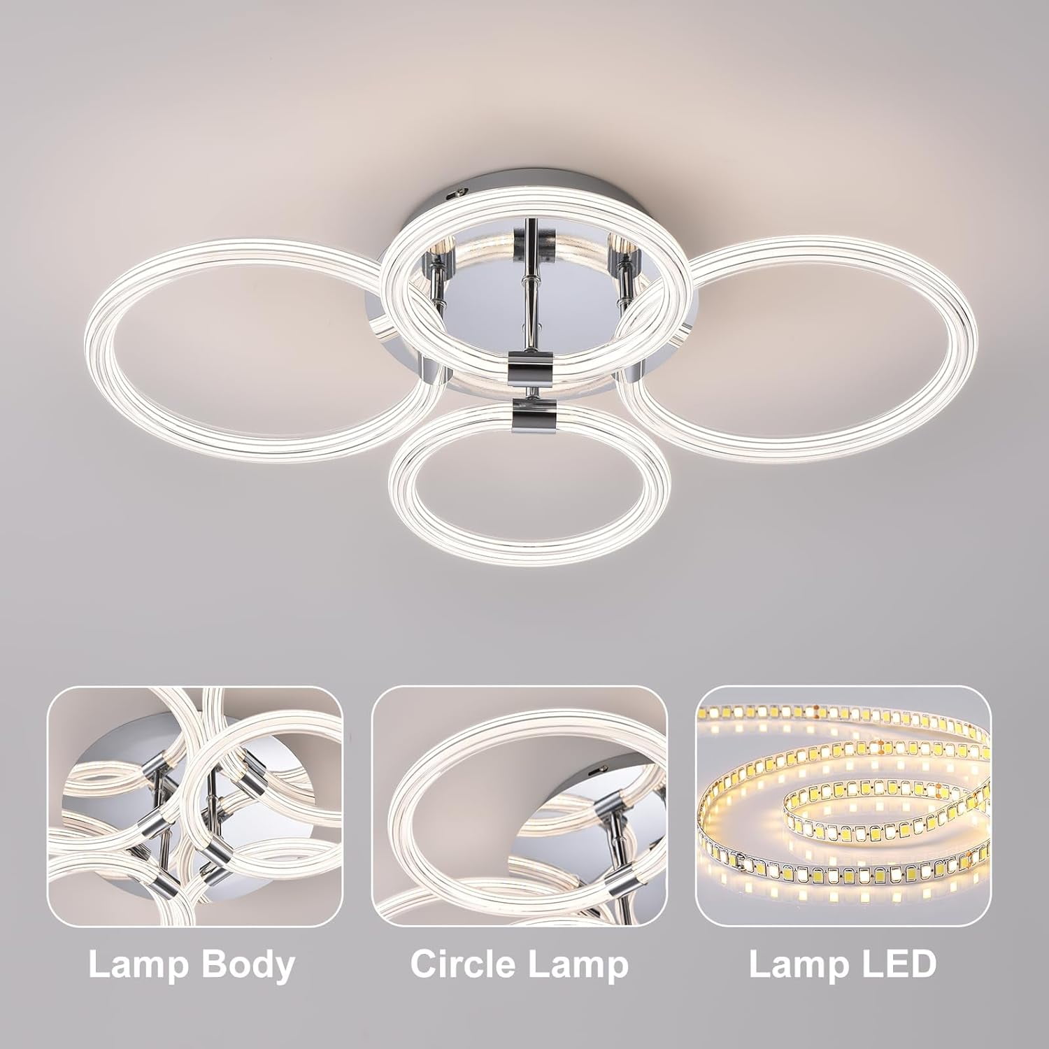 Modern LED Flush Mount Ceiling Light with Remote Dimmable Control, 4 Rings Acrylic Close to Ceiling Light Fixture for Bedroom Living Room Kitchen Office, Adjustable Brightness Indoor Ceiling Mount