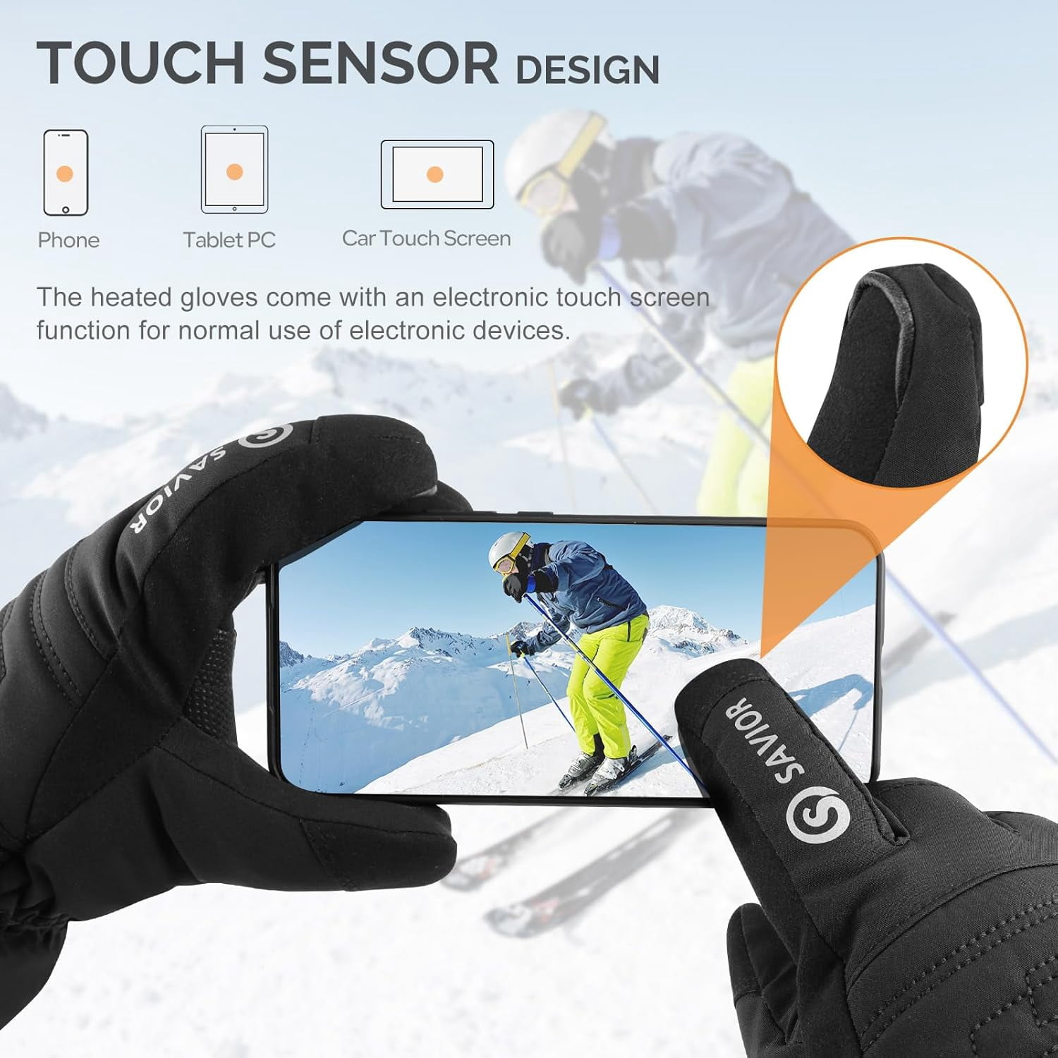 SAVIOR HEAT Heated Gloves for Men & Women - 3 Heat Levels, Rechargeable 7.4V 2200mAh, Touchscreen Water-Resistant, Ideal for Skiing, Snowboarding, Hiking, Outdoor Work