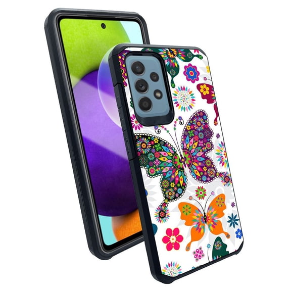 ANJ  Slim Dual Layer Shockproof Case   Tempered Glass Cover for Samsung Galaxy A52 5G - Tribal Butterfly