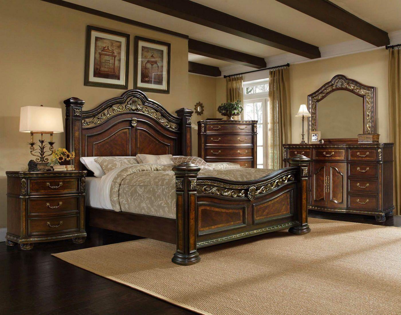 antique brass cherry wood finish cal king bedroom set 5pcs