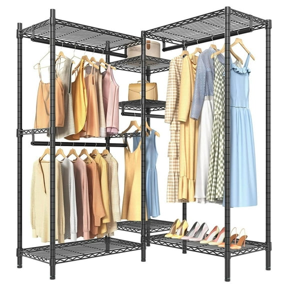 Drevy L6 Heavy Duty Clothes Rack L Shape Clothing Rack 5-Tier Wire Garment Rack Freestanding Closet with 7 Adjustable Shelves & 4 Hanging Rods, 46.5" L x 46.5" W x 76.8" H, Max Load 800LBS, Black