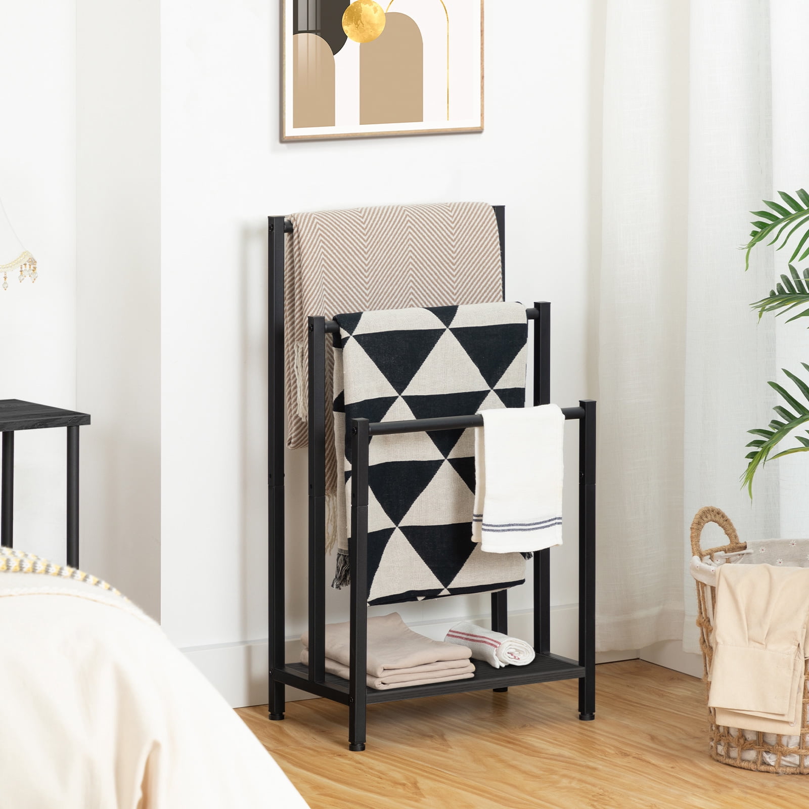 HOOBRO Industrial 3-Tier Freestanding Towel Rack with Shelf, Black
