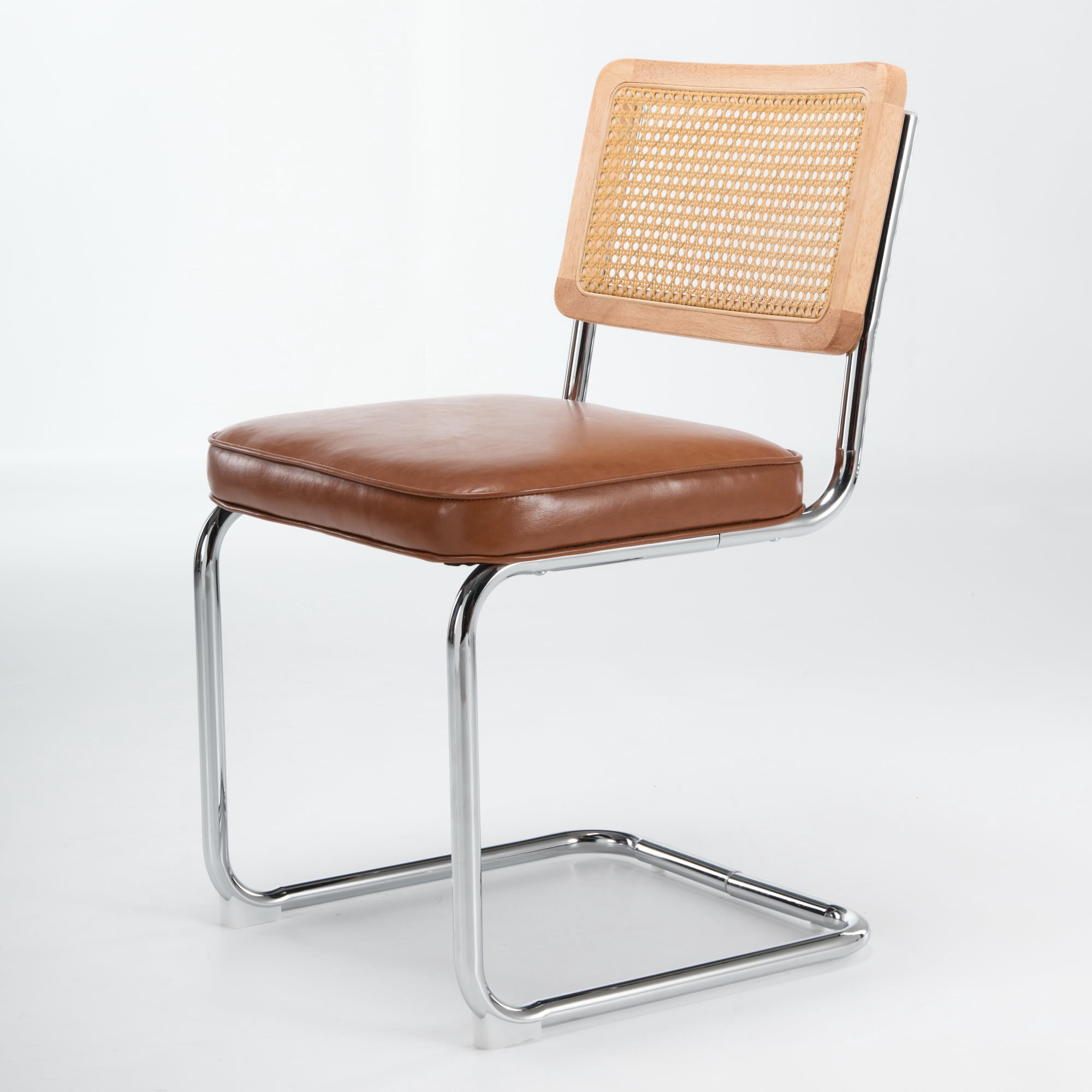 GARITIN Dining Chairs Set of 2, Mid-Century Cane Rattan Dining Chair with Solid Wood Frame, Faux Leather Seat, Cantilever Chrome Metal Armless Side Chair for Kitchen, Brown