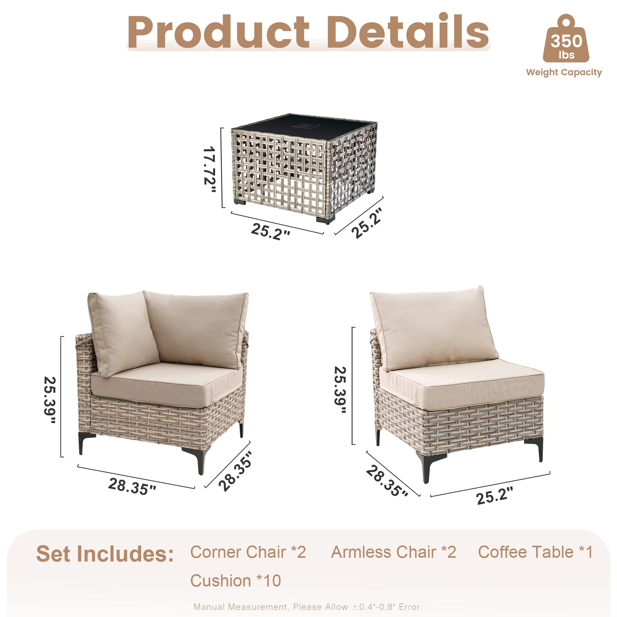Vcatnet 7 Pieces Patio Outdoor Conversation Set All Weather Wicker Furniture Sectional Sofa Set with Solar Lamp Coffee Table,Beige