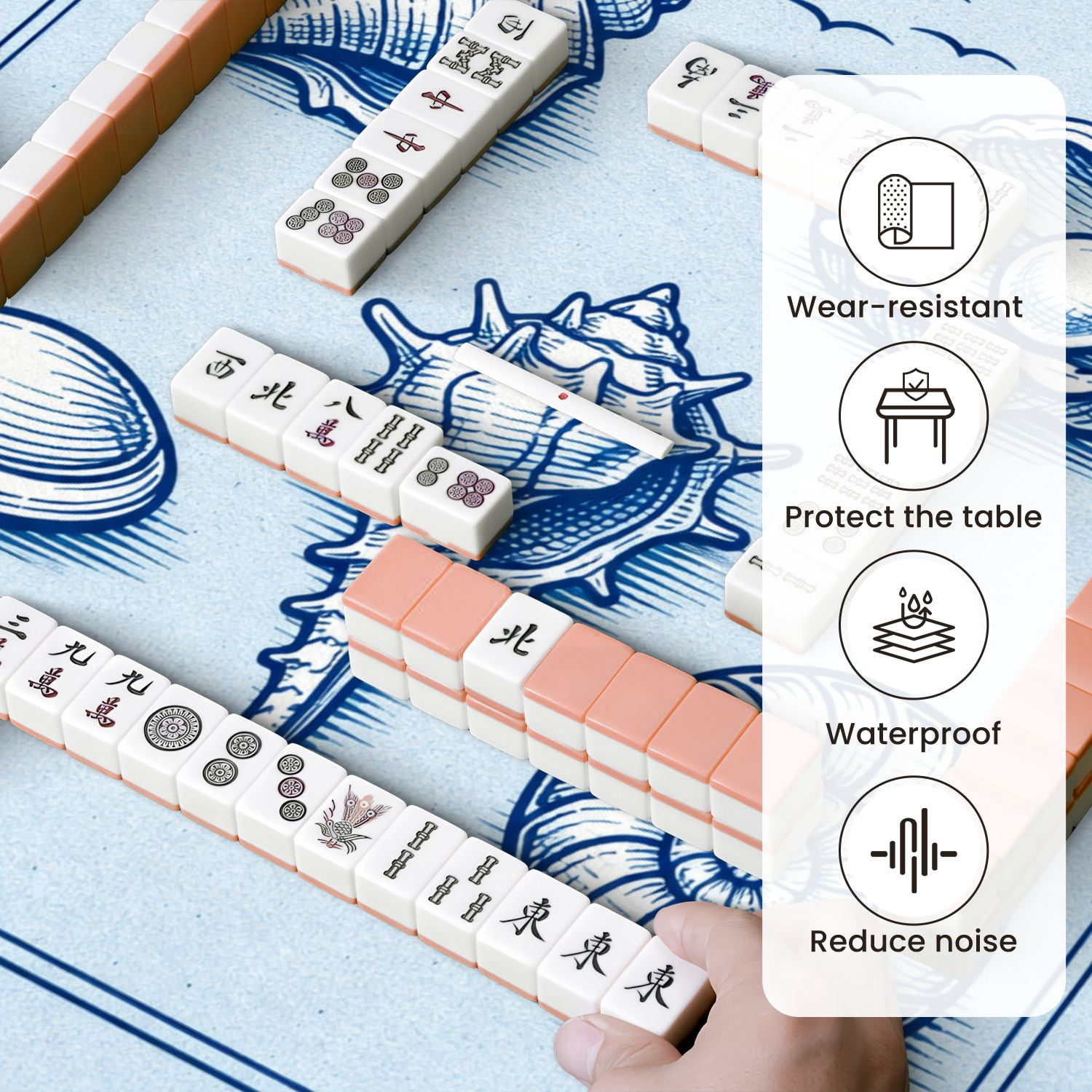 Mahjong Mat 31.5" x 31.5" Detailed Line Various Seashells Pearl Oyster Non-Slip Noise Reduction Mahjong Tiles Table Cover for Dominoes Poker Card Board and Tile Games