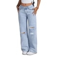 thumbnail image 2 of Women'S Ripped Jeans High Waisted Distressed Baggy Straight Wide Leg Pants Light Blue XS, 2 of 9