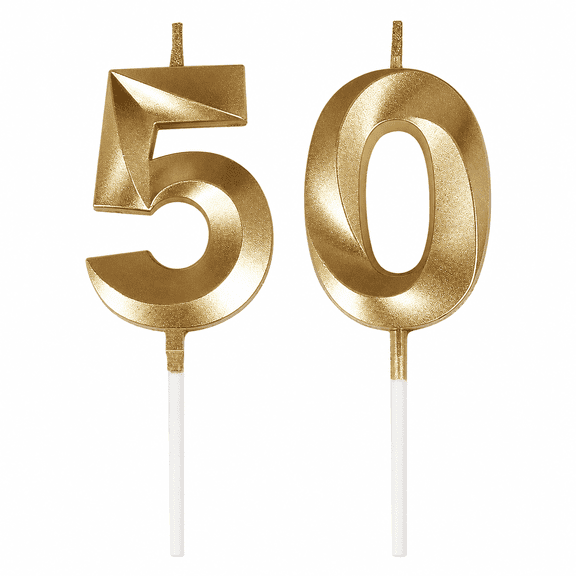 Gold Number 50 Birthday Candles, 2 Piece 50th Cake Topper Candles for Birthday Parties, Weddings, Reunions, Theme Parties, and Celebrations