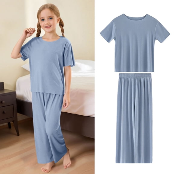 Toddler Girls Pants Set Outfits Set Short Sleeve Matching Sets Summer Outfits Soft Ribbed Round Neck Long Pants Set Casual Comfortable Loungewear And Kids Clothes Set Navy 4-5 Years