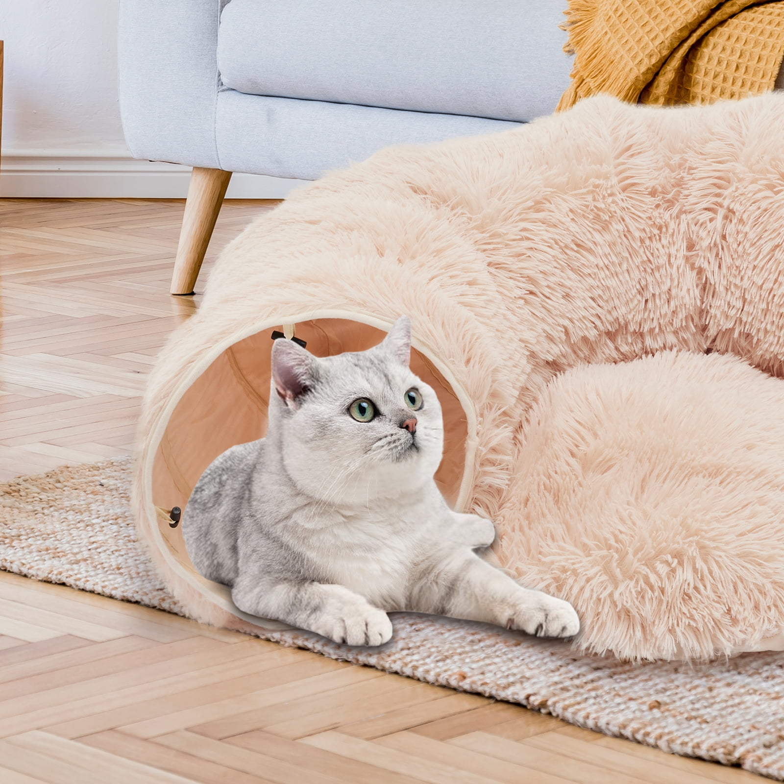 LIFERECORD Cat Tunnel with Cat Bed for Indoor Cats, Under Christmas Tree Soft Plush Peekaboo Cat Cave Donut Tunnel, Multifunctional Playground Toys Hideplace for Kittens, Rabbit - Bege