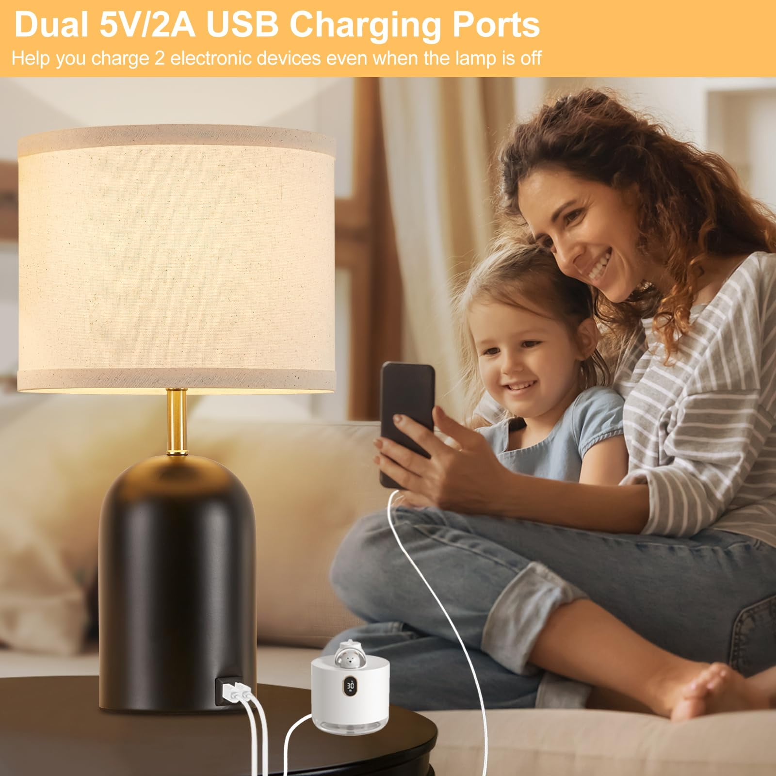 Natyswan Touch Control Table Lamps Set of 2, Modern Bedside Lamp with 2 USB Ports, 3-Way Dimmable Black Nightstand Lamp with Fabric Shade for Living Room Bedroom Office Dorm (LED Bulbs Included)