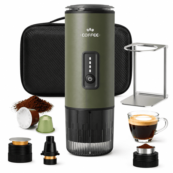 GVODE Portable Espresso Machine, Self-Heating 3-in-1 Portable Coffee Maker, 20 Bar Electric Travel Espresso Maker for Capsules & Ground Coffee, Green