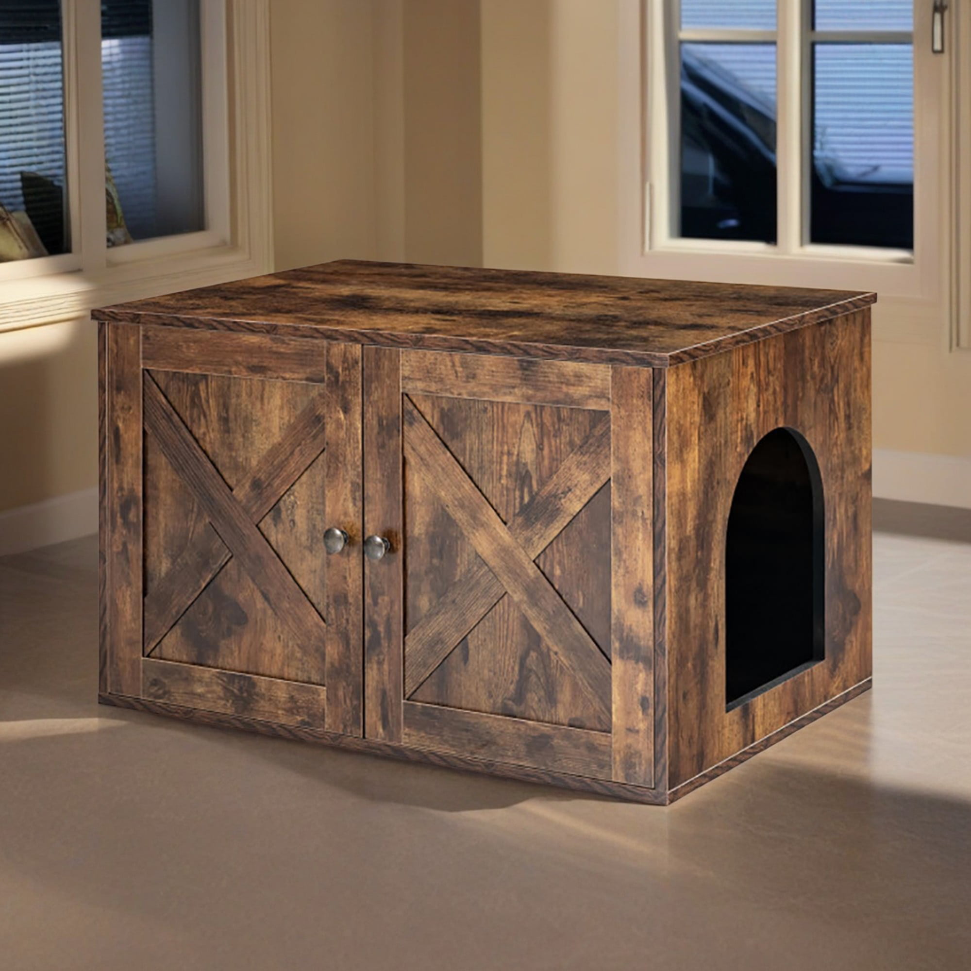 Kadyn 31" Hidden Cat Litter Box Enclosure Furniture with Divider, Wood Cat House Washroom Cabinet Fit for Most of Cat and Litter Box, Brown