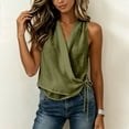 thumbnail image 4 of FDGIU Women's Halter Wrap V Neck Sleeveless Tank Top, Solid Cotton Linen Woven Side Drawstring Ruched Cropped Casual Blouse, 4 of 5