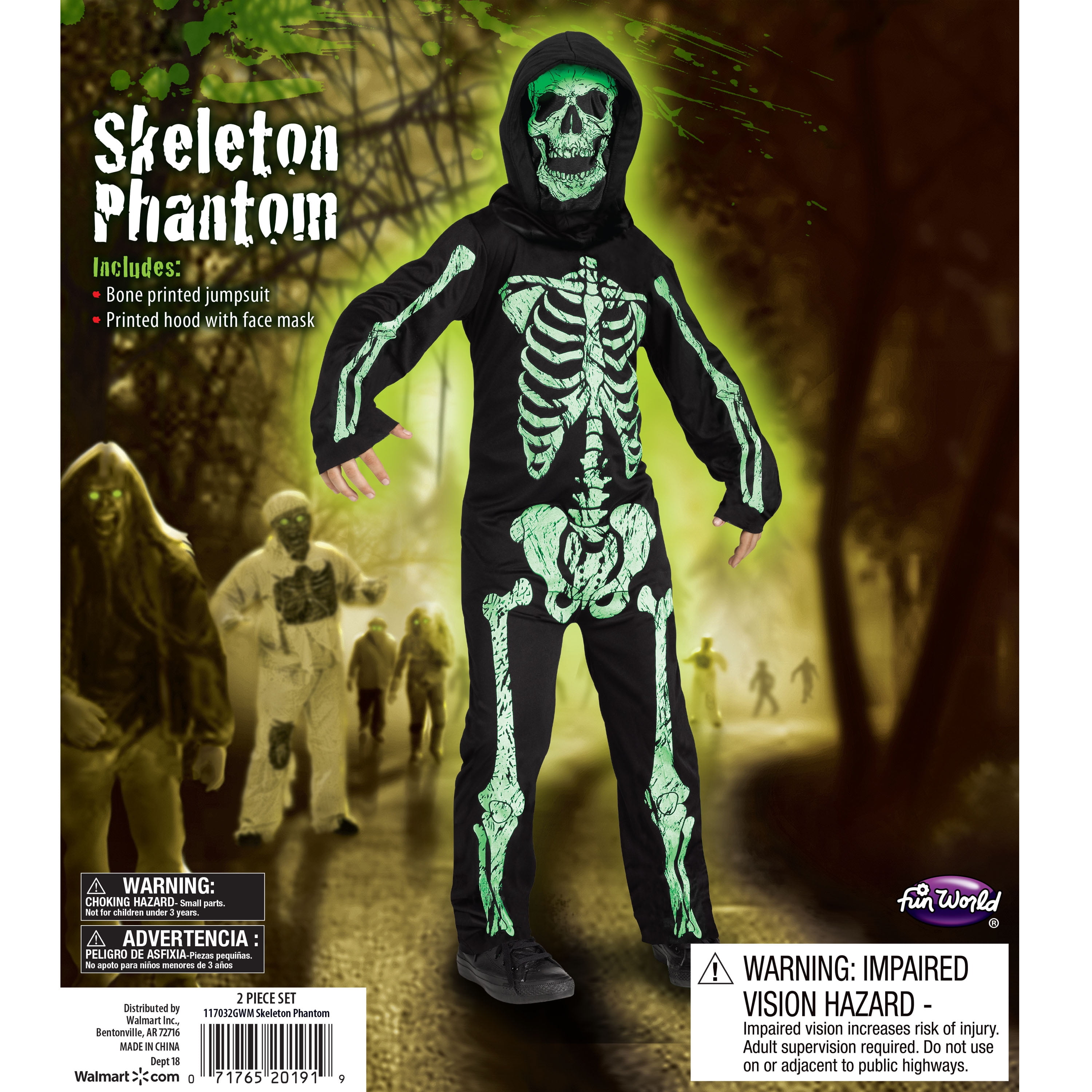Green Skeleton Phantom Halloween Costume for Children, Boys Size XL (14/16), by Fun World