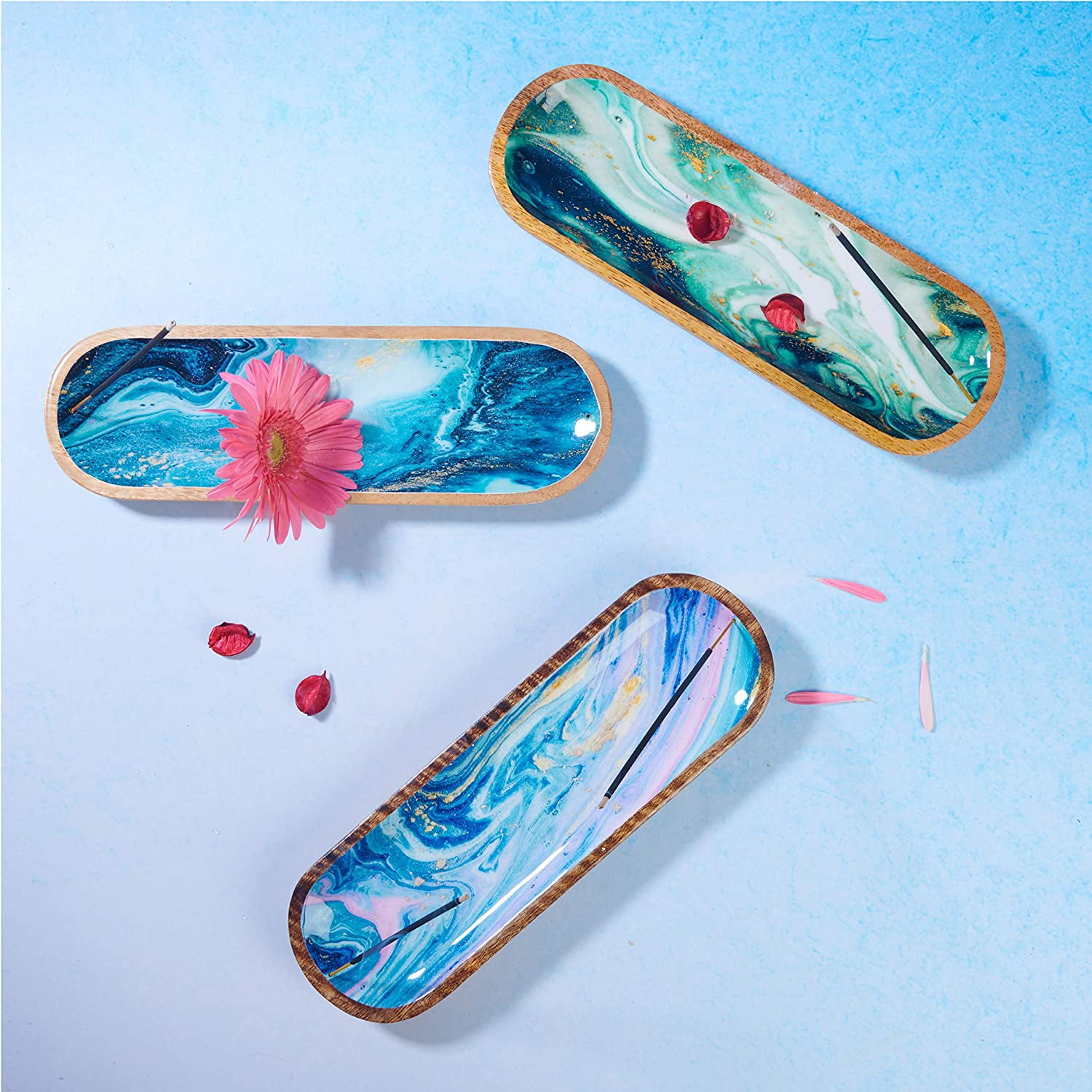 Folkulture Incense Holder or Incense Burner, 12-inch, Mango Wood, Blue Galaxy