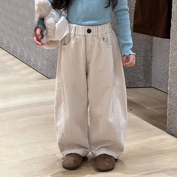 Letdown Toddler Casual Corduroy Pants Wide Leg Baggy Sweatpants Straight Elastic Waist Trousers with Pockets (Beige,18-24 Months)