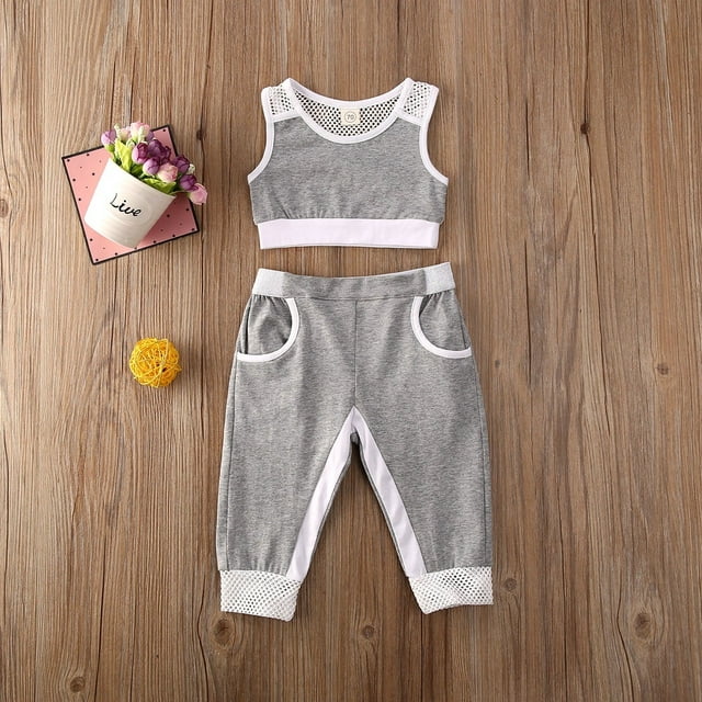 Baby Girl Long Sleeve Hooded Crop Tops + Mesh Pants Leggings with Pockets 2Pcs Tracksuit Set