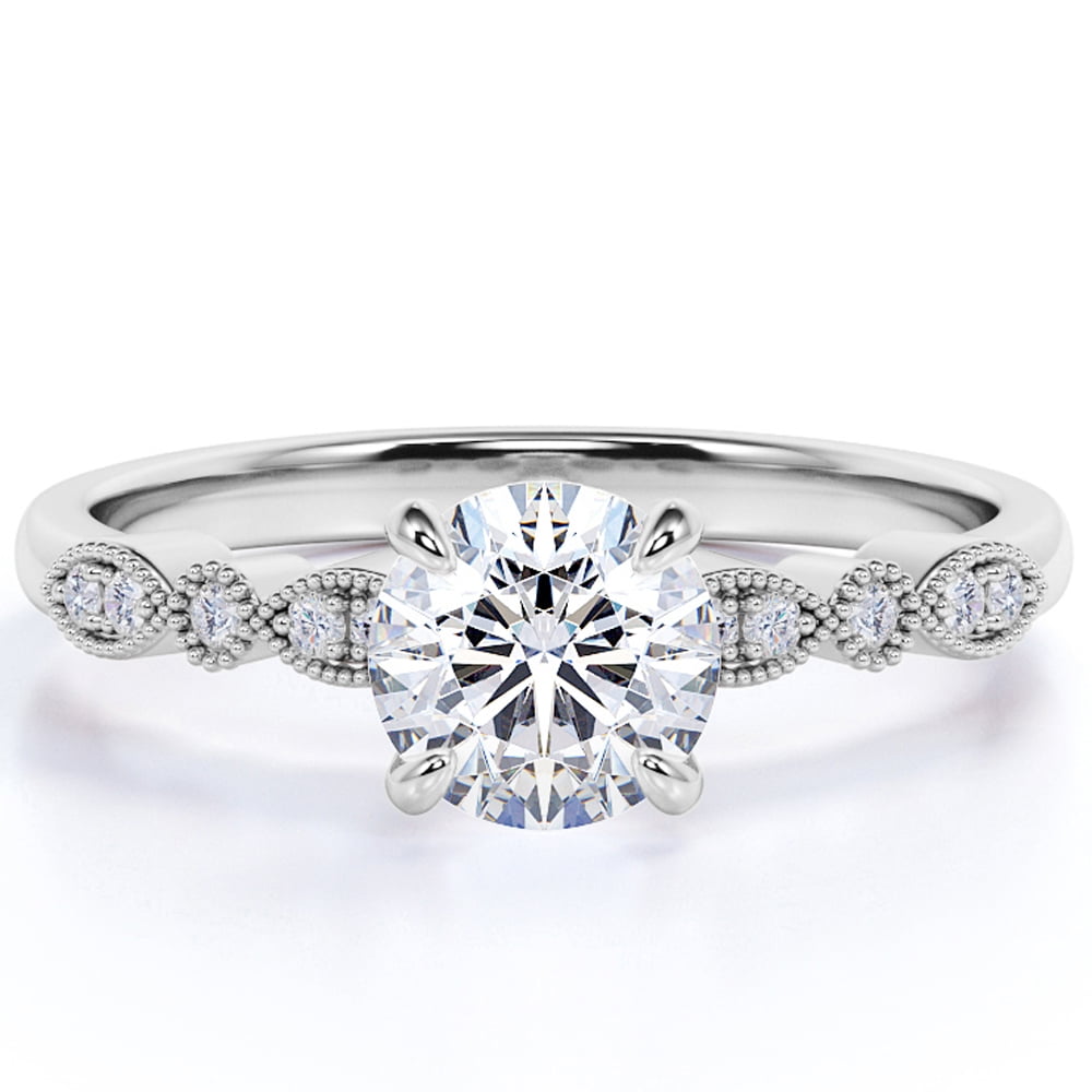 JeenMata 1 Carat Round cut Moissanite Engagement Ring in 18k White Gold Over Silver