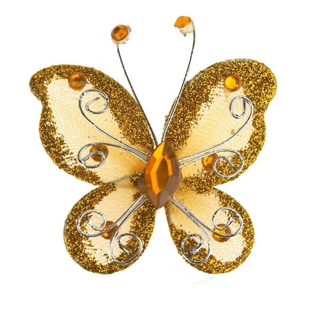- Organza Nylon Glitter Butterflies, 3-inch, 12-Piece, Gold