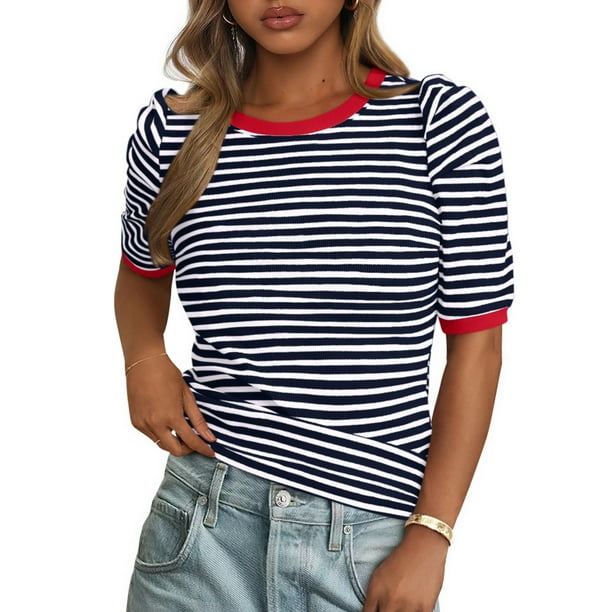 Camiseta PRETTYGARDEN para mujer, color azul marino, a rayas, color azul marino