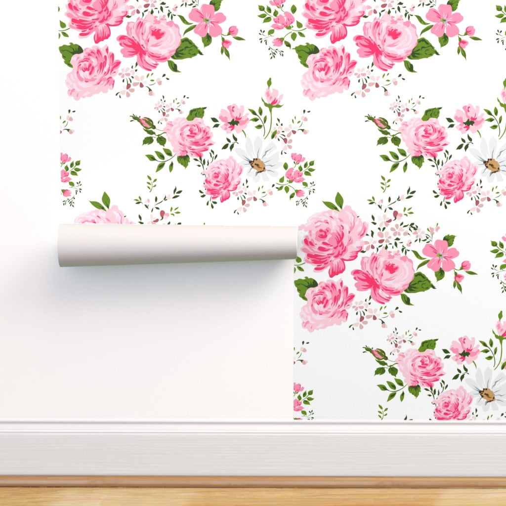 Removable Wallpaper Swatch - Pink Cute Roses Rose Flowers Girl Love Floral  Nursery Custom Pre-pasted Wallpaper by Spoonflower 