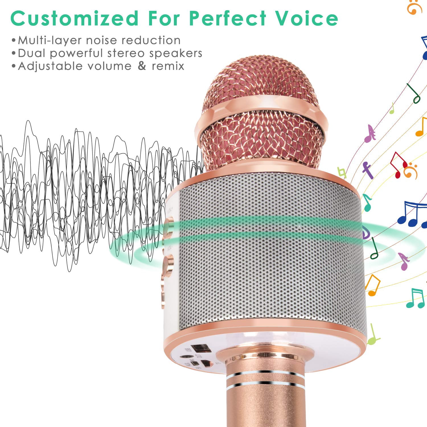 DAKIMOE Wireless Bluetooth Karaoke Microphone, Portable Handheld Singing Microphone for Kids Adults with Stereo Speaker and Voice Changer for All Smartphones, Gifts for Girls Kids Adults, Rose Gold
