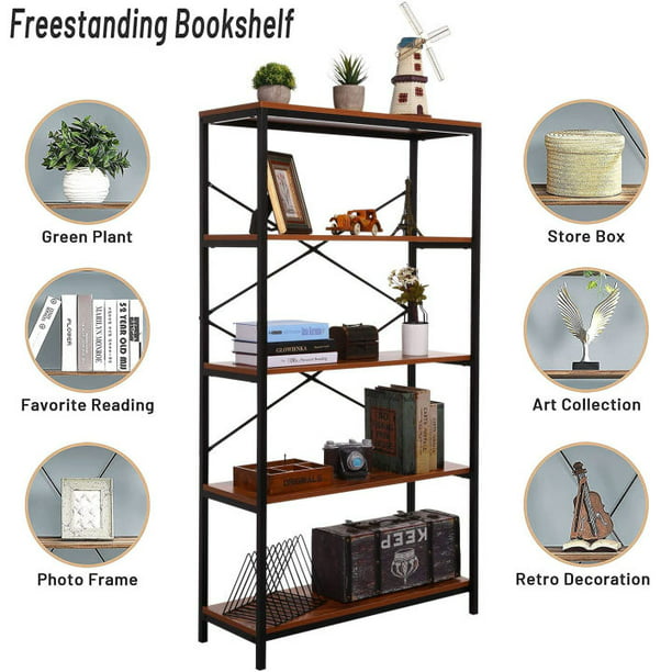 5 Tier Adjustable Tall Bookcase Rustic, Tall Open Wood Bookcase