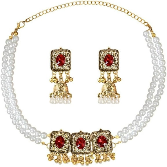 Indian Pearl Choker Necklace Jhumki Dangle Chandelier Earring Set for Women Crystal Tassel Beaded Pendant Boho Earrings Fashion Chunky Necklaces Party Wedding Bollywood Jewelry Jhumka Festival