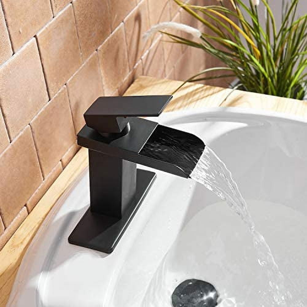 BWE Bathroom Sink Faucet Oil Rubbed Bronze Waterfall with Pop Up Drain Assembly and Supply Line Single Handle Single Hole Bathroom Faucets Deck Mount Lavatory Mixer Tap Lead-Free