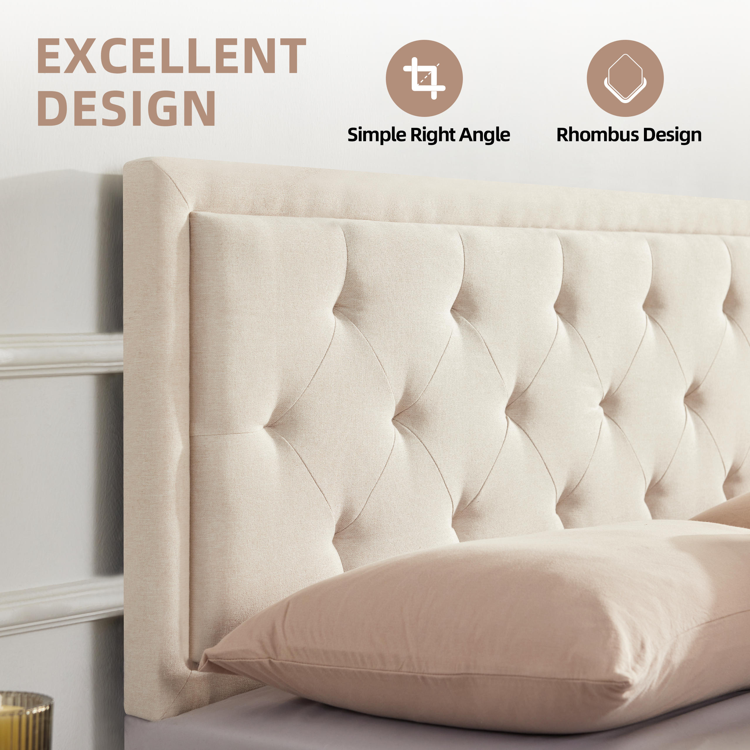 Weture Upholstered Queen Panel Headboard, Adjustable Height, Beige