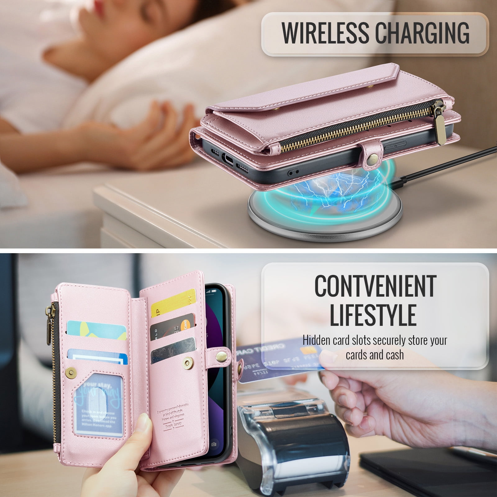 Compatible with iPhone 15 Plus 6.7 inch Zipper Wallet Phone Case Tempered Glass Screen Protector Crossbody Lanyard Strap Flip Card Holder Slot Cell Cover for i Phone15 15+ i15+ 15Plus Women Rose Gold