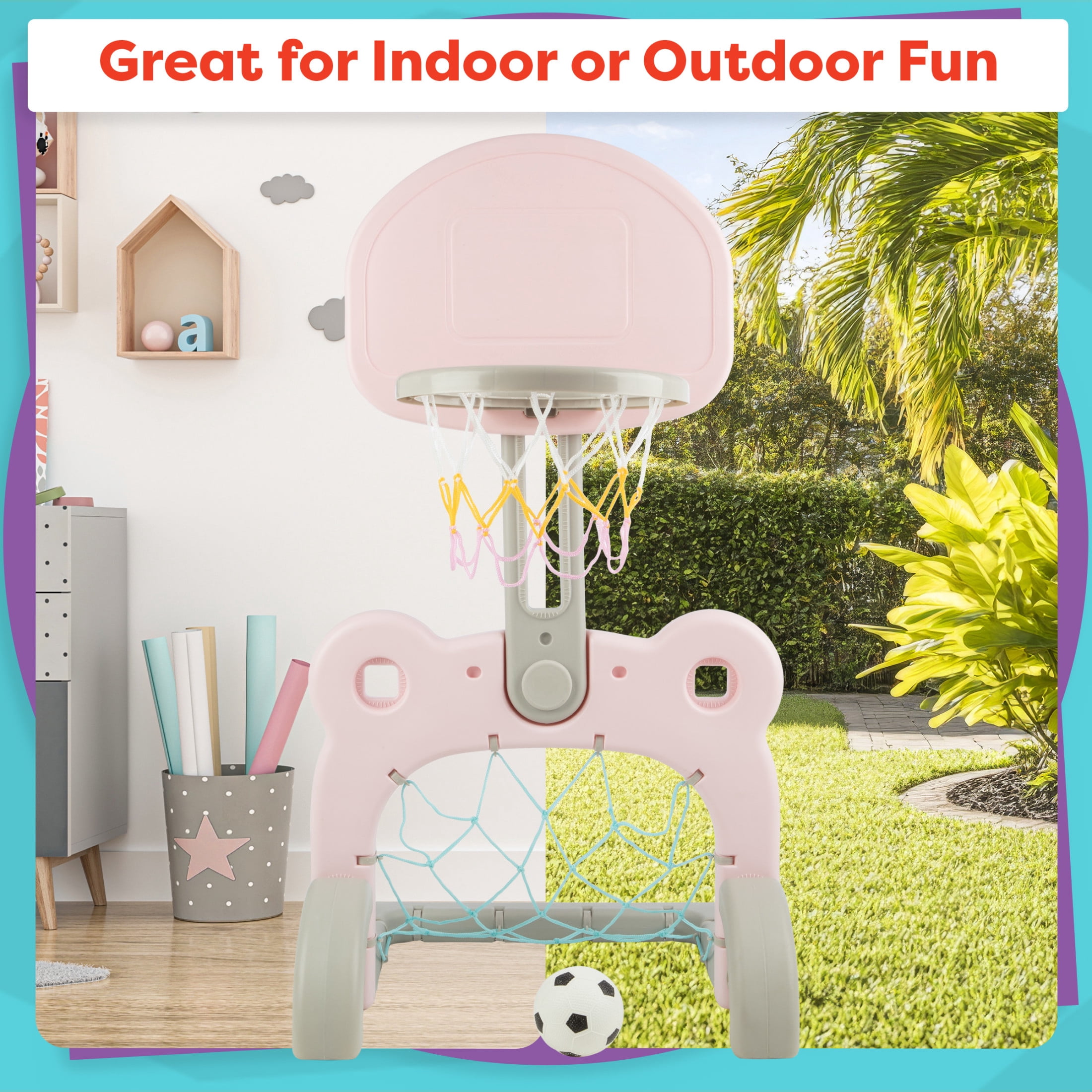 Hey Play 2-in-1 Adjustable Toddler Basketball Hoop and Soccer Goal (Pink)