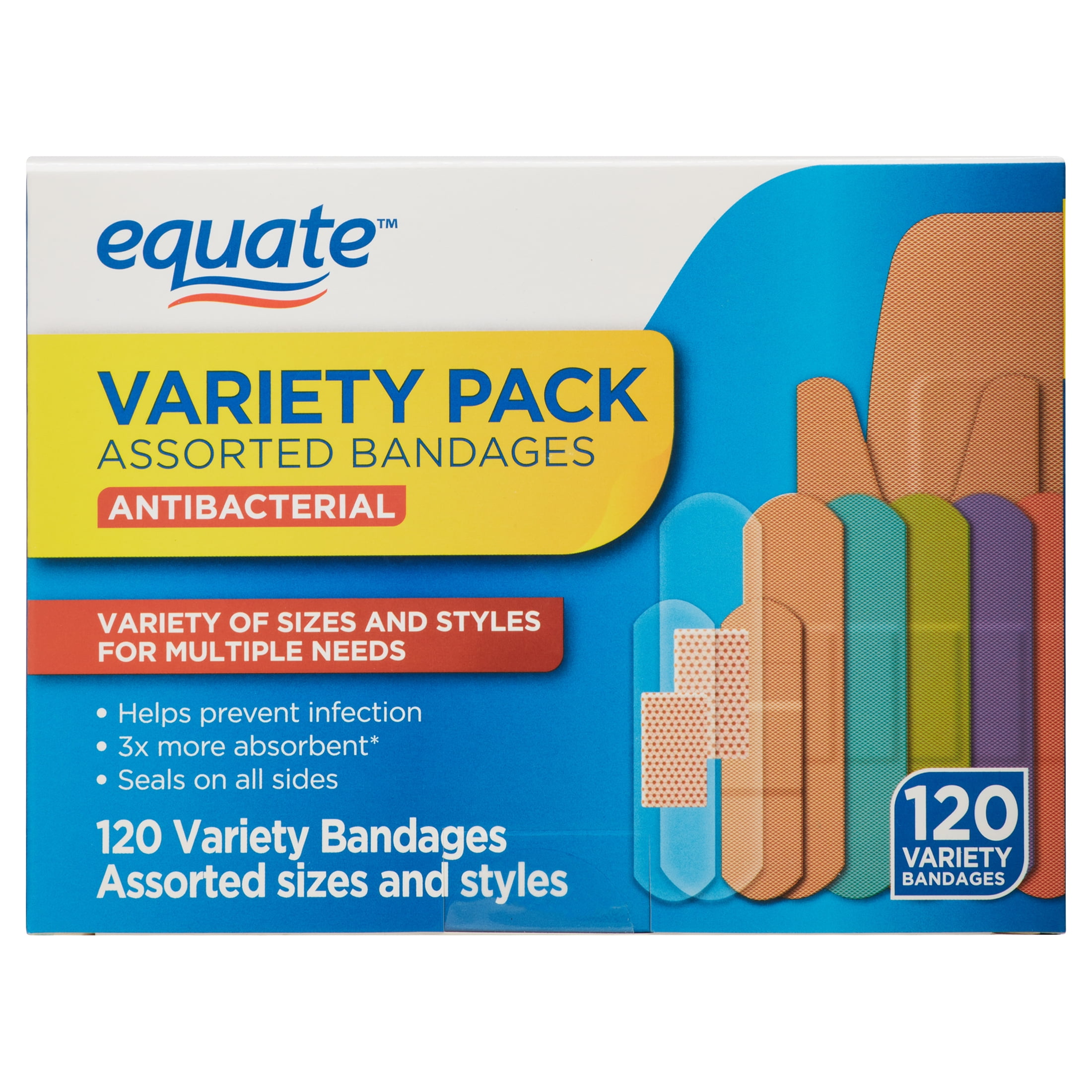 Equate Antibacterial Assorted Bandages Variety Pack, 120 Count