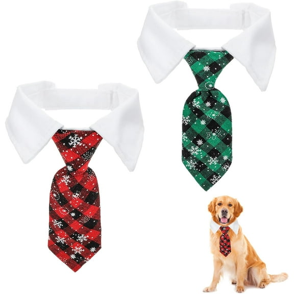2PCS Christmas Dog Necktie, Adjustable Winter Snowflake Pattern Pet Tie Collar with Red Plaid for Small Medium Cat Dog, Christmas Weddings Pet Tuxedo Outfit Decoration