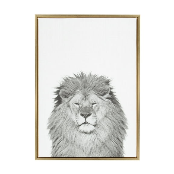 Kate and Laurel Sylvie Lion Animal Print Black and White Portrait Framed Canvas Wall Art by Simon Te Tai, 23x33 Gold