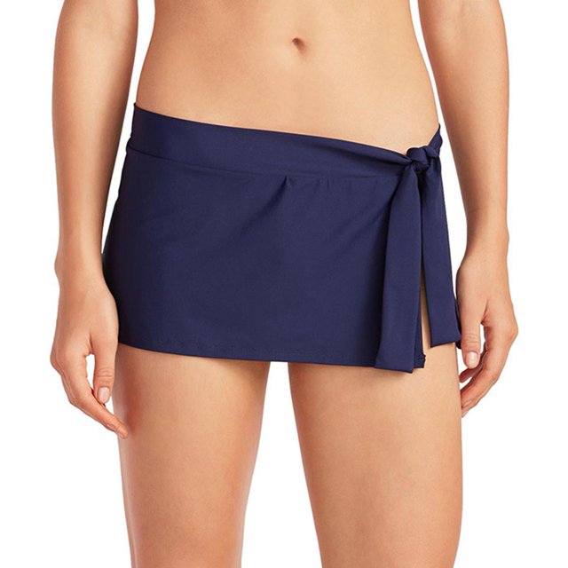 Conjunto de parte inferior de natación de 2 piezas para mujer, elegante y elegante, color puro, falda de natación, conjunto de parte inferior de bikini para fiesta en la playa, azul oscuro S
