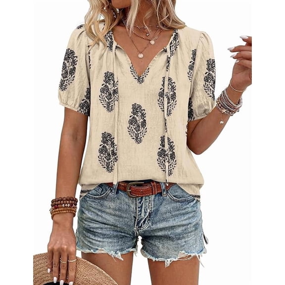 UZMOG Boho Tops for Women, Summer V-Neck Tie Front Peasant Blouses Casual Puff Sleeve Loose-Fit Flowy Shirts Beach Vacation