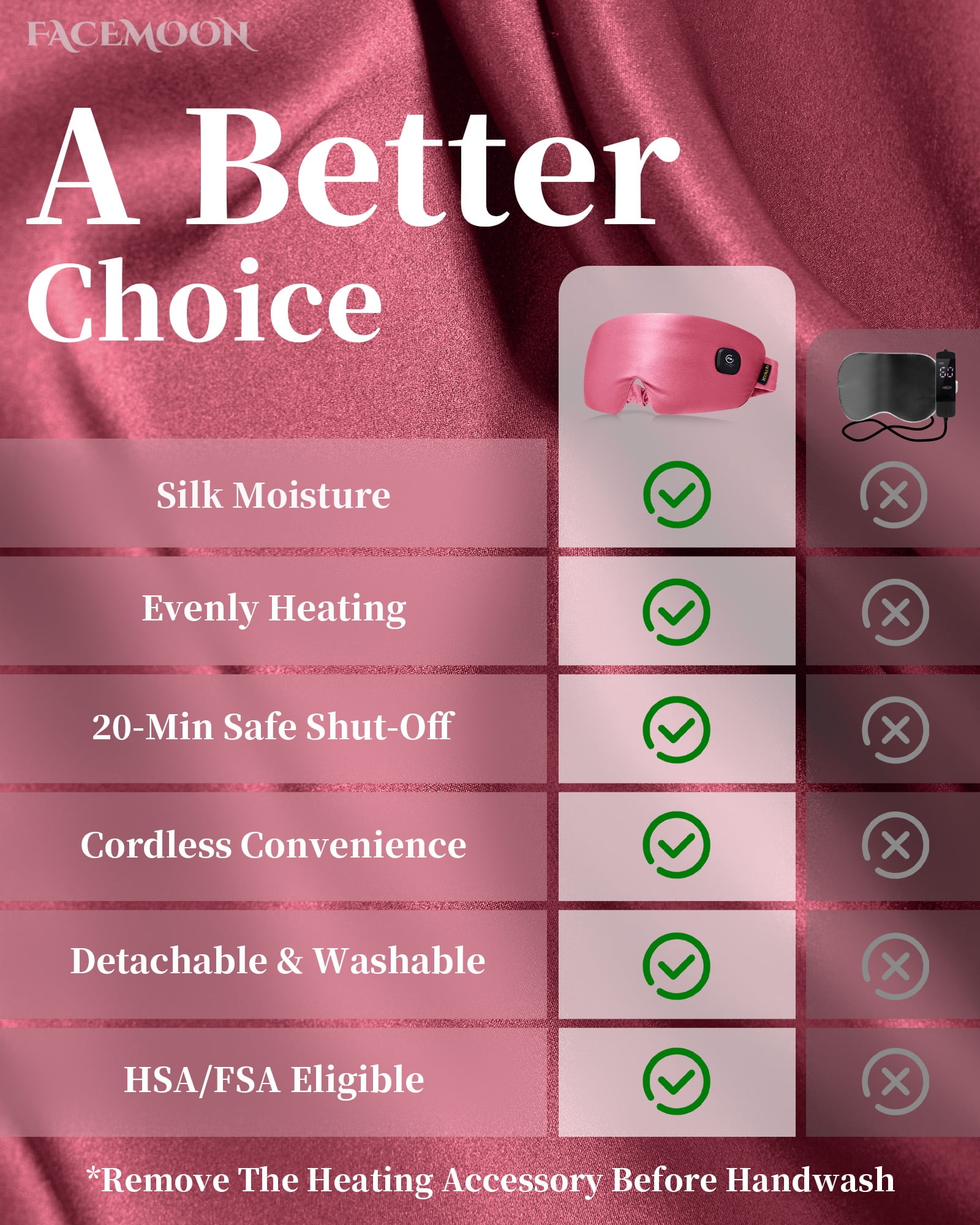 FACEMOON Cordless Warm Eye Compress Silk Comfort for Dry Eyes Relief Rechargeable Moist Heat Washable Sleep Essential Pink