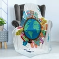 thumbnail image 4 of World Map Soft Flannel Fleece Throw Blanket, Cartoon Illustration of Abstract Buildings Around the Globe Clouds, Cozy Plush for Indoor and Outdoor Use, 70" x 90", Multicolor, by Ambesonne, 4 of 5