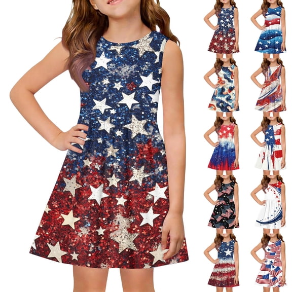 CCRFTGI 4th of July Dresses for Child Girls Size 10-12 Summer Patriotic American Flag Stars Mini Dress Party Crew Neck Independence Day Sleeveless Girls Clothes Fashion Dresses Navy 3-4 Years