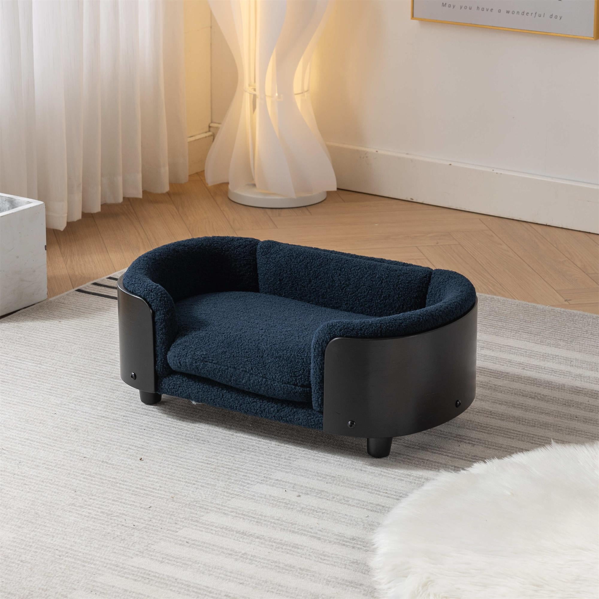 Pefilos 26" Elevated Pet Dog Bed with Solid Wood Legs and Black Bent Wood Back, Cashmere Cushion, Pet Sofa for Indoors Dogs, Dark Blue Pefilos 26" Elevated Pet Dog Bed with Solid Wood Legs and Black Bent Wood Back, Cashmere Cushion, Pet Sofa for Indoors Dogs, Dark Blue