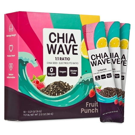 Chiawave Yeses  Fruit Punch ( Electrolyte   Chia seed ) Powder Drink Mix, 10 Sticks, 2.12 oz